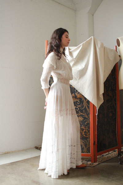 Edwardian Lace Insert White Lawn Dress