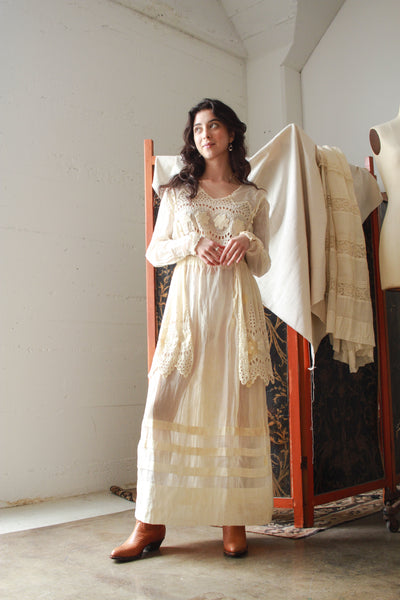 Edwardian Ecru Cotton Embroidered Tiered Lawn Dress
