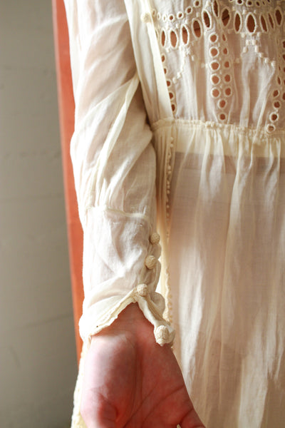 Edwardian Ecru Cotton Embroidered Tiered Lawn Dress