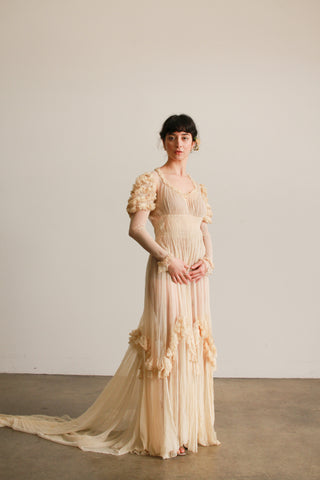 1930s Cream Silk Chiffon Ruffled Smocked Gown