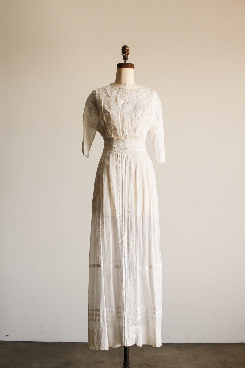 Edwardian White Cotton Voile Embroidered Lawn Dress