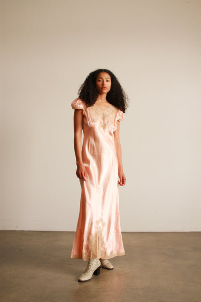 1930s Peach Lace Satin Bias Slip Dress
