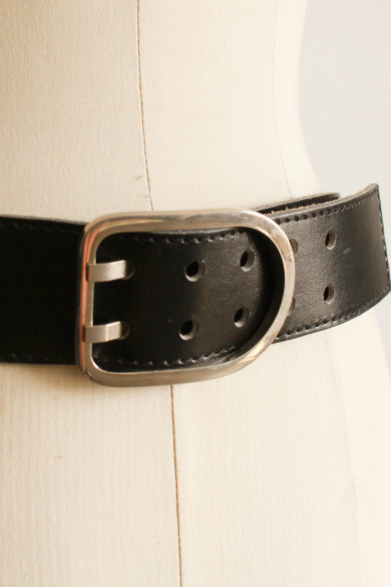 Wide Black Leather Belt Vintage Statement Buckle Oversized 80s 90s Size S Vintage 80s Wide Black Eco Leather Belt Gothic Punk Waist  main image 4