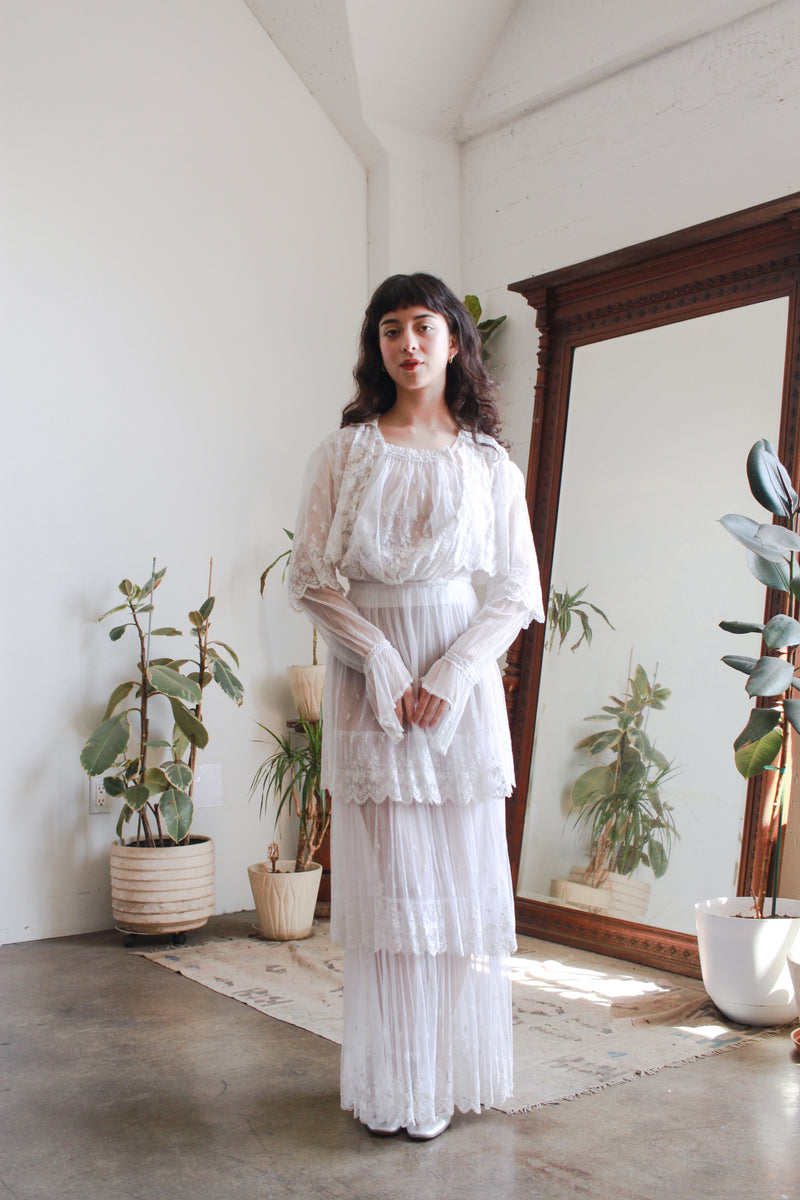 Edwardian White Net Lace Tiered Embroidered Dress – Blossom Vintage