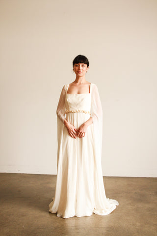 Pronovias Ivory Crepe Draped Sleeve Wedding Gown