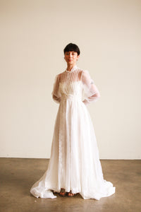1960s White Balloon Sleeve Pleated Wedding Gown