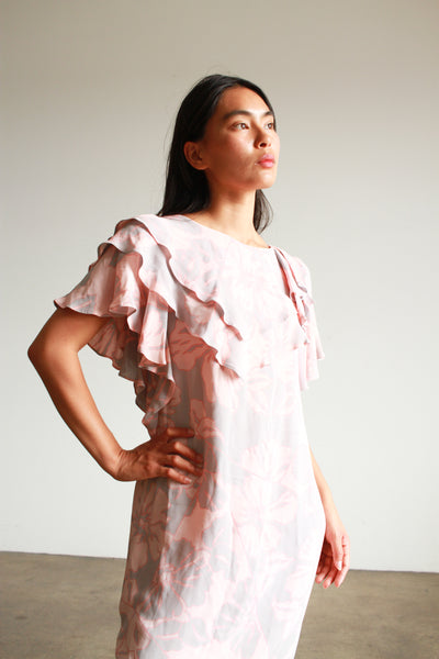 1980s Pink Duo Tone Rayon Ruffled Midi Dress