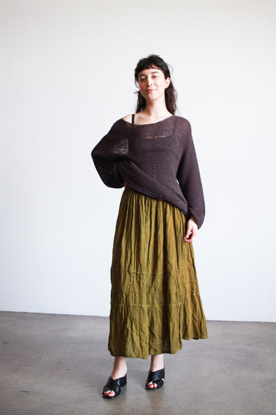Oaxacan Olive Gauzy Tiered Midi Skirt