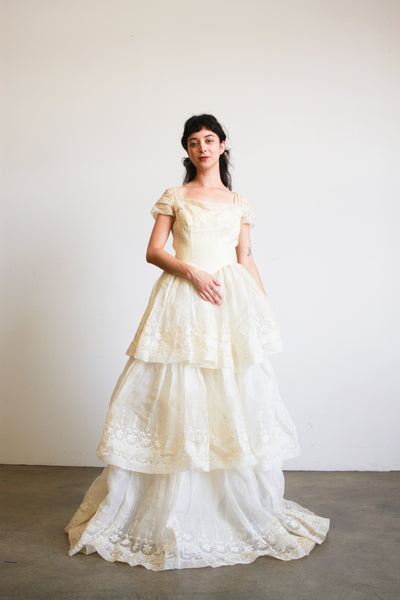 1950s Ecru Tiered Organza Embroidered Gown