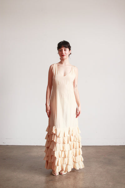 1930s Beige Rayon Sleeveless Ruffle Skirt Dress