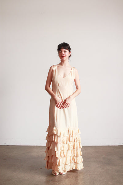 1930s Beige Rayon Sleeveless Ruffle Skirt Dress