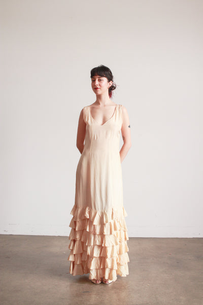 1930s Beige Rayon Sleeveless Ruffle Skirt Dress