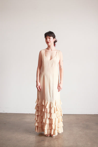1930s Beige Rayon Sleeveless Ruffle Skirt Dress