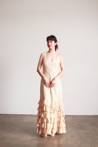 1930s Beige Rayon Sleeveless Ruffle Skirt Dress