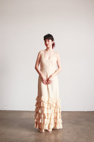 1930s Beige Rayon Sleeveless Ruffle Skirt Dress