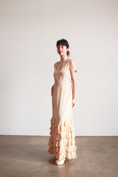 1930s Beige Rayon Sleeveless Ruffle Skirt Dress