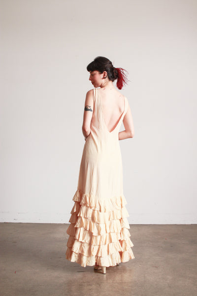 1930s Beige Rayon Sleeveless Ruffle Skirt Dress