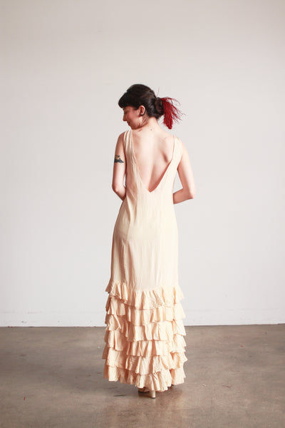 1930s Beige Rayon Sleeveless Ruffle Skirt Dress
