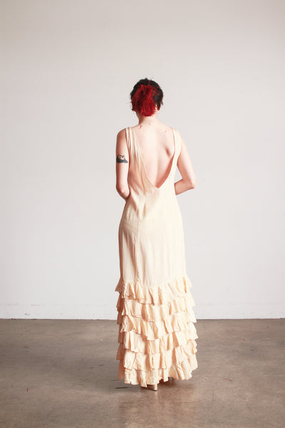 1930s Beige Rayon Sleeveless Ruffle Skirt Dress