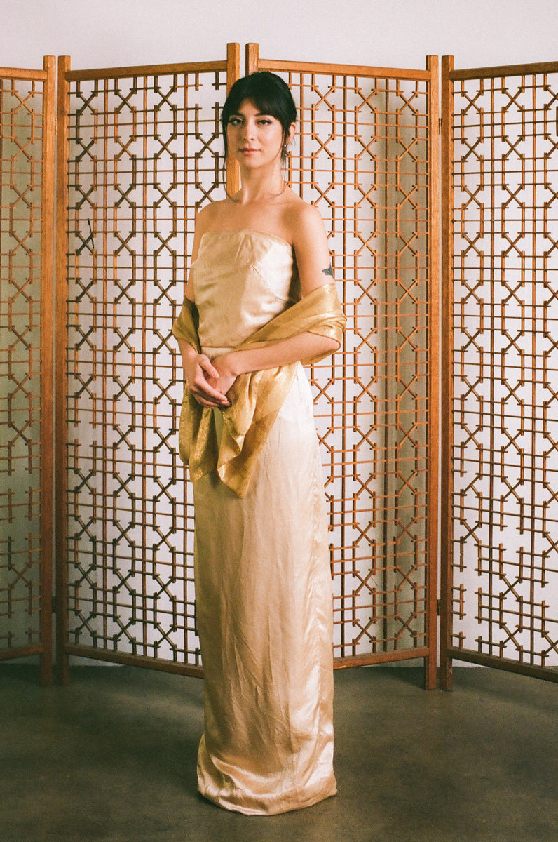 1950s Champagne Silk Satin Strapless Column Dress – Blossom Vintage