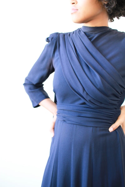 1940s Midnight Blue Rayon Crepe Draped Dress