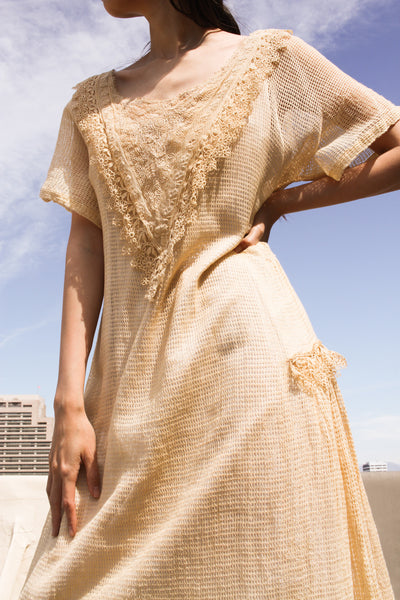 1920s Beige Crochet Woven Dress
