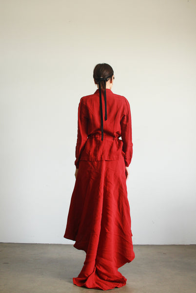 2000s Dries Van Noten Crimson Linen Bustle Skirt Suit