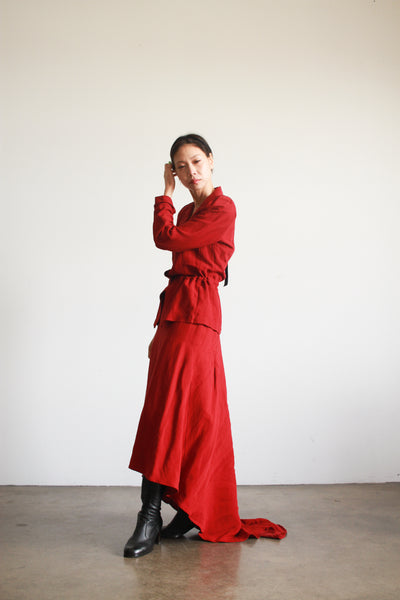 2000s Dries Van Noten Crimson Linen Bustle Skirt Suit