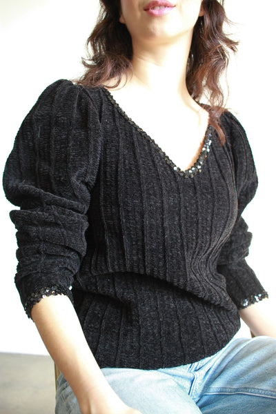 1980s Saint Laurent Black Chenille Sequin Sweater