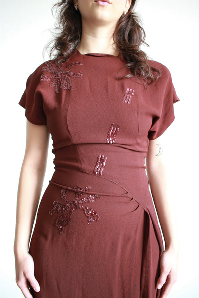 1940s Chocolate Crepe Sequin Dress