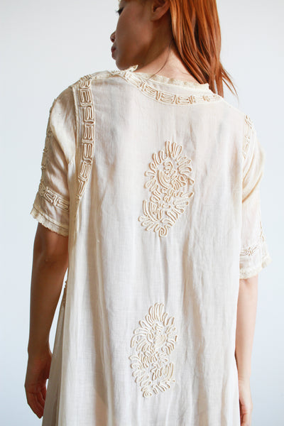 1910s Edwardian Ecru Soutache Cotton Voile Dress