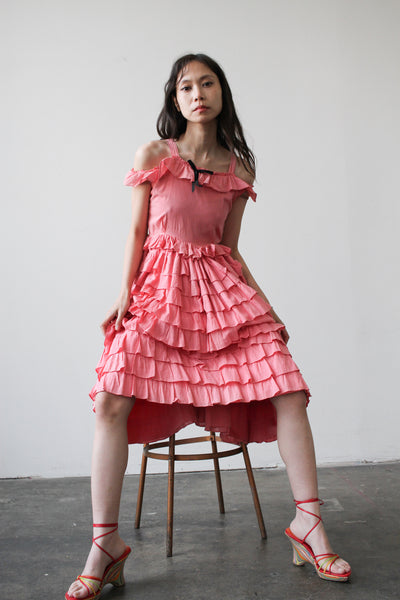 1920s Pink Tiered Ruffled Cotton Dress