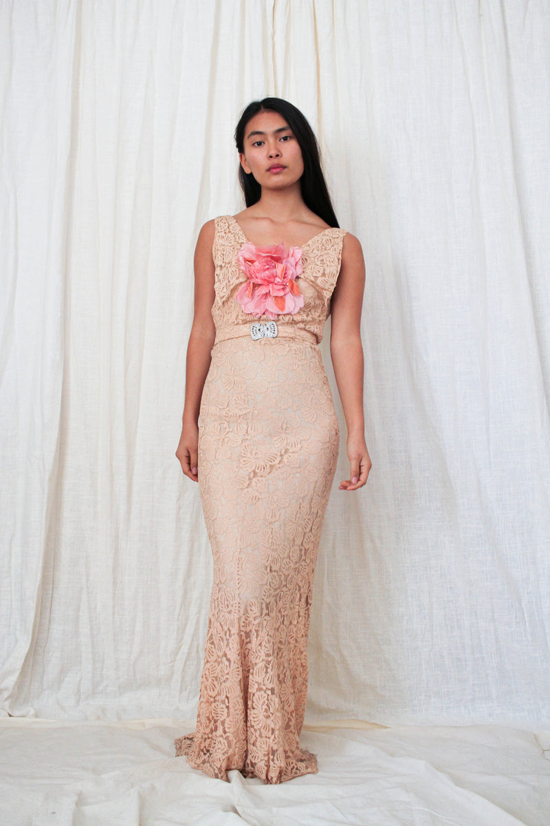 1930s Art Deco Blush Lace Gown Set Blossom Vintage