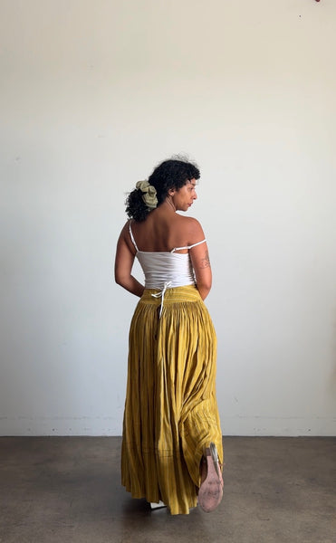 Antique Mustard Linen Striped Accordion Pleat Skirt