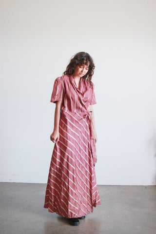 1940s Plum Taffeta Striped Wrapping Gown
