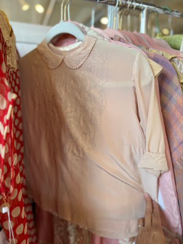 1940s Blush Silk Embroidered Blouse