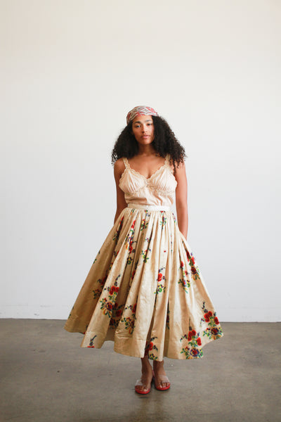 Antique Beige Floral Print Silk Full Skirt