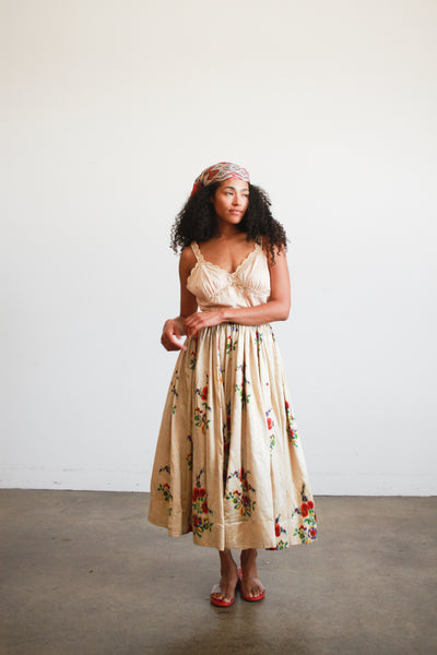 Antique Beige Floral Print Silk Full Skirt