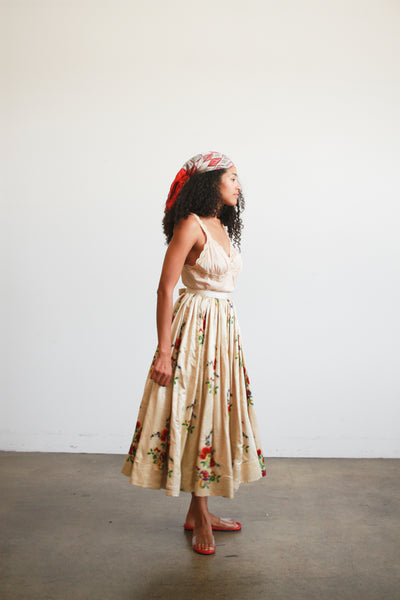 Antique Beige Floral Print Silk Full Skirt