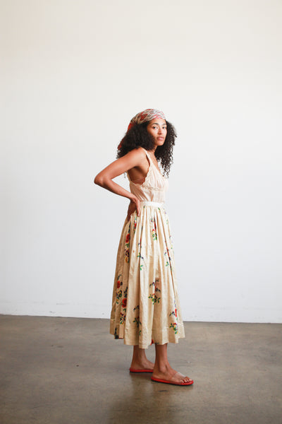 Antique Beige Floral Print Silk Full Skirt