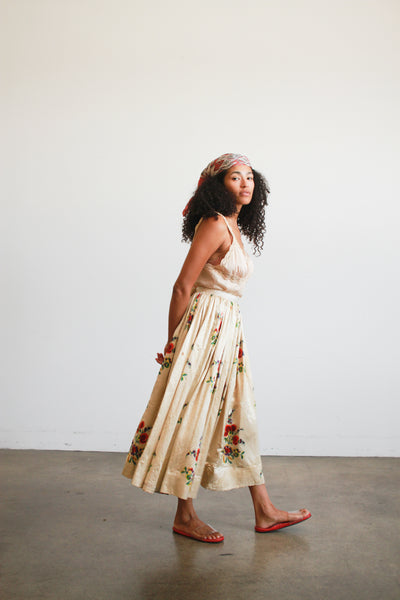 Antique Beige Floral Print Silk Full Skirt
