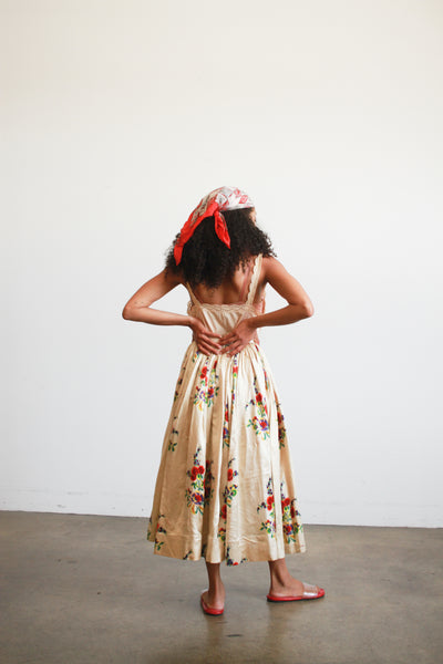 Antique Beige Floral Print Silk Full Skirt