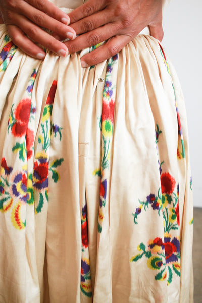 Antique Beige Floral Print Silk Full Skirt
