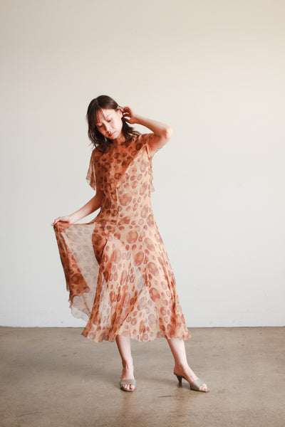 1920s Swirl Print Silk Chiffon Bias Dress