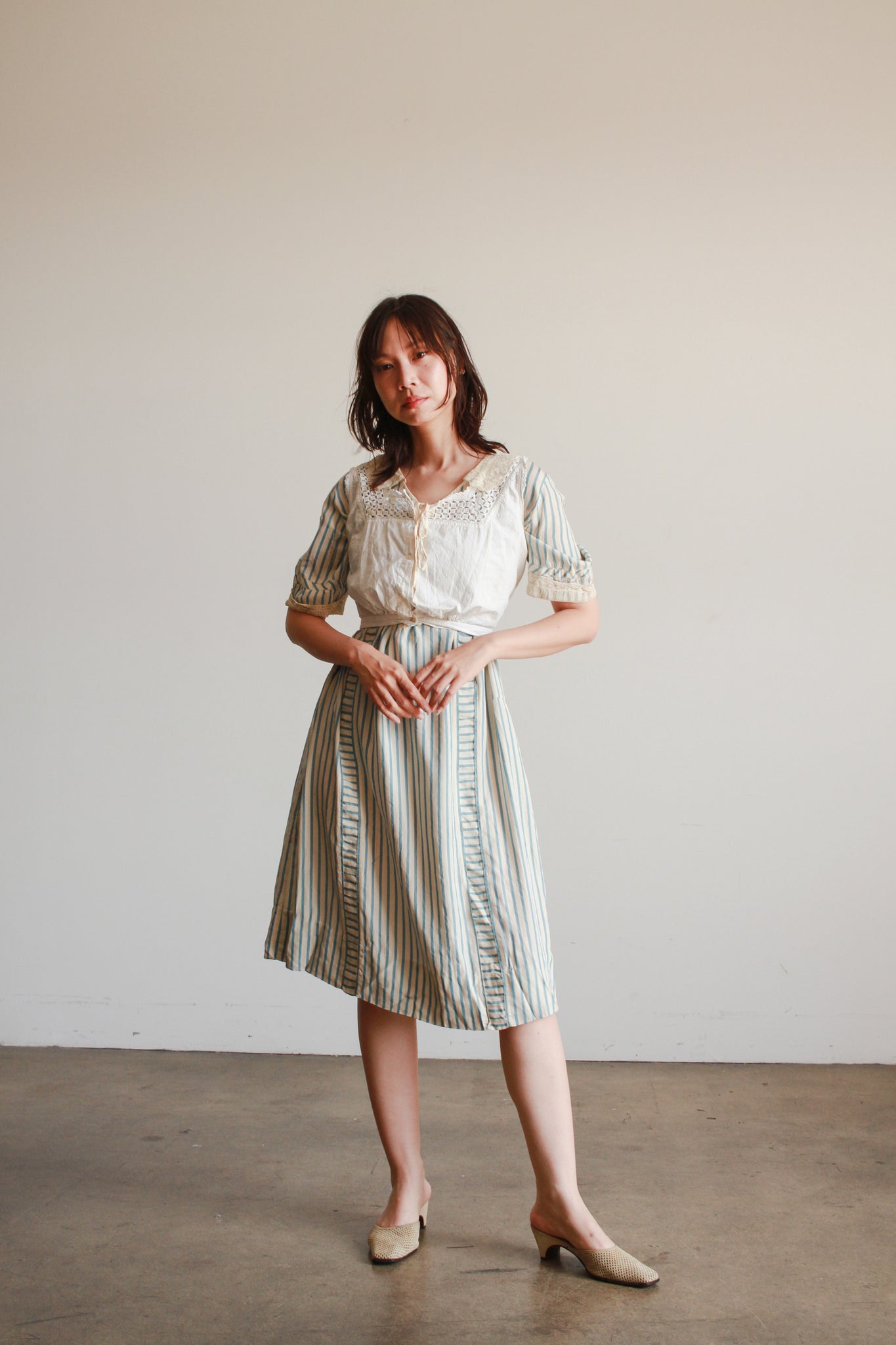 1920s Striped Robin s Blue Silk Dress Blossom Vintage