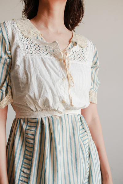 1920s Striped Robin's Blue Silk Dress