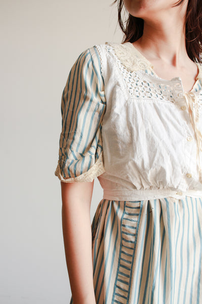 1920s Striped Robin's Blue Silk Dress