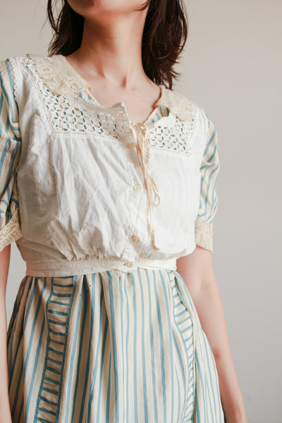 1920s Striped Robin's Blue Silk Dress