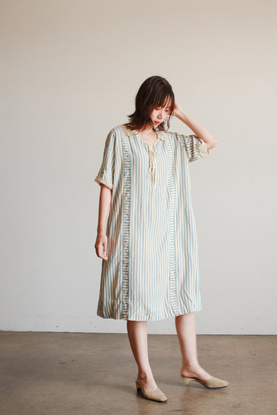 1920s Striped Robin's Blue Silk Dress