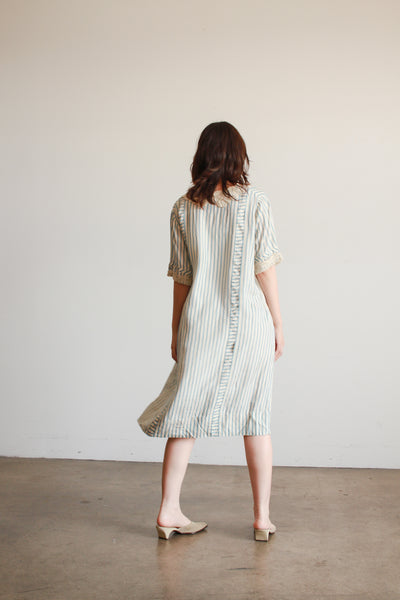 1920s Striped Robin's Blue Silk Dress